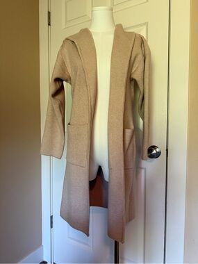 Long Hooded Open-Front Women's Sweater Cardigan - Beige